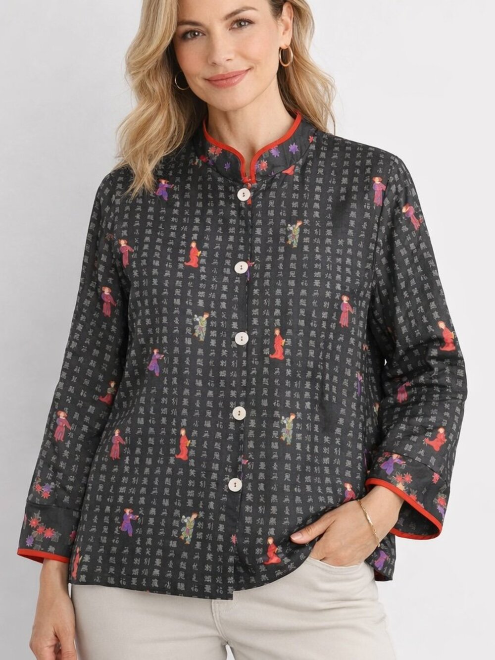 Vintage Chicos Silk Asian Jacket Womens Sz 1 Medium Black Nehru Retro 90s Boho